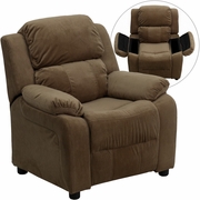 DELUXE PADDED CONTEMPORARY BROWN MICROFIBER KIDS RECLINER WITH STORAGE ARMS: <font color=green>FREE SHIPPING!</font>