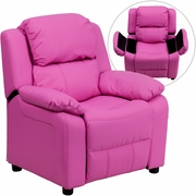DELUXE PADDED CONTEMPORARY HOT PINK VINYL KIDS RECLINER WITH STORAGE ARMS: <font color=green>FREE SHIPPING!</font>