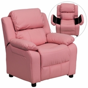 DELUXE PADDED CONTEMPORARY PINK VINYL KIDS RECLINER WITH STORAGE ARMS: <font color=green>FREE SHIPPING!</font>