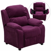 DELUXE PADDED CONTEMPORARY PURPLE MICROFIBER KIDS RECLINER WITH STORAGE ARMS: <font color=green>FREE SHIPPING!</font>