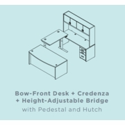 EDGE BOW-FRONT DESK WITH CREDENZA & HUTCH PLUS HEIGHT-ADJUSTABLE BRIDGE & PEDESTAL -U-Shape Workstation<font color=green>*CUSTOMIZE IT!*</font> - FREE SHIPPING