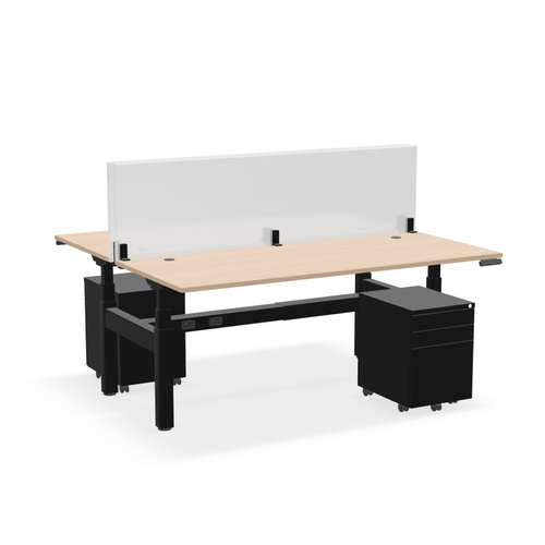 ^EHOMEBOOST^ PRO 30"x72"<br>STANDING DESK<br> 2-STATION: WHITE OAK & BLACK<br>WITH SURFACE MOUNT GLASS DIVIDERS & MOBILE FILE CABINET<br><font color=red>Contact Us:</font><a href="mailto:tom@ergonomichome.com">tom@ergonomichome.com</a></font><br>Or Call: <a href="tel:+18775502678">877-550-2678</a>