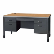 Ergonomic Home Plateau Steel Double Pedestal Teacher's Office Desk with Center Drawer 60" x 30" - Medium Oak<br><FONT COLOR=GREEN>-FREE SHIPPING-</FONT>