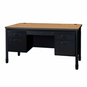 Ergonomic Home Plateau Steel Double Pedestal Teacher's Office Desk with Center Drawer 60" x 30" - Medium Oak Top, Black Base<br><FONT COLOR=GREEN>-FREE SHIPPING-</FONT>