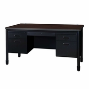 Ergonomic Home Plateau Steel Double Pedestal Teacher's Office Desk with Center Drawer 60" x 30" - Neo Walnut Top, Black Base<br><FONT COLOR=GREEN>-FREE SHIPPING-</FONT>
