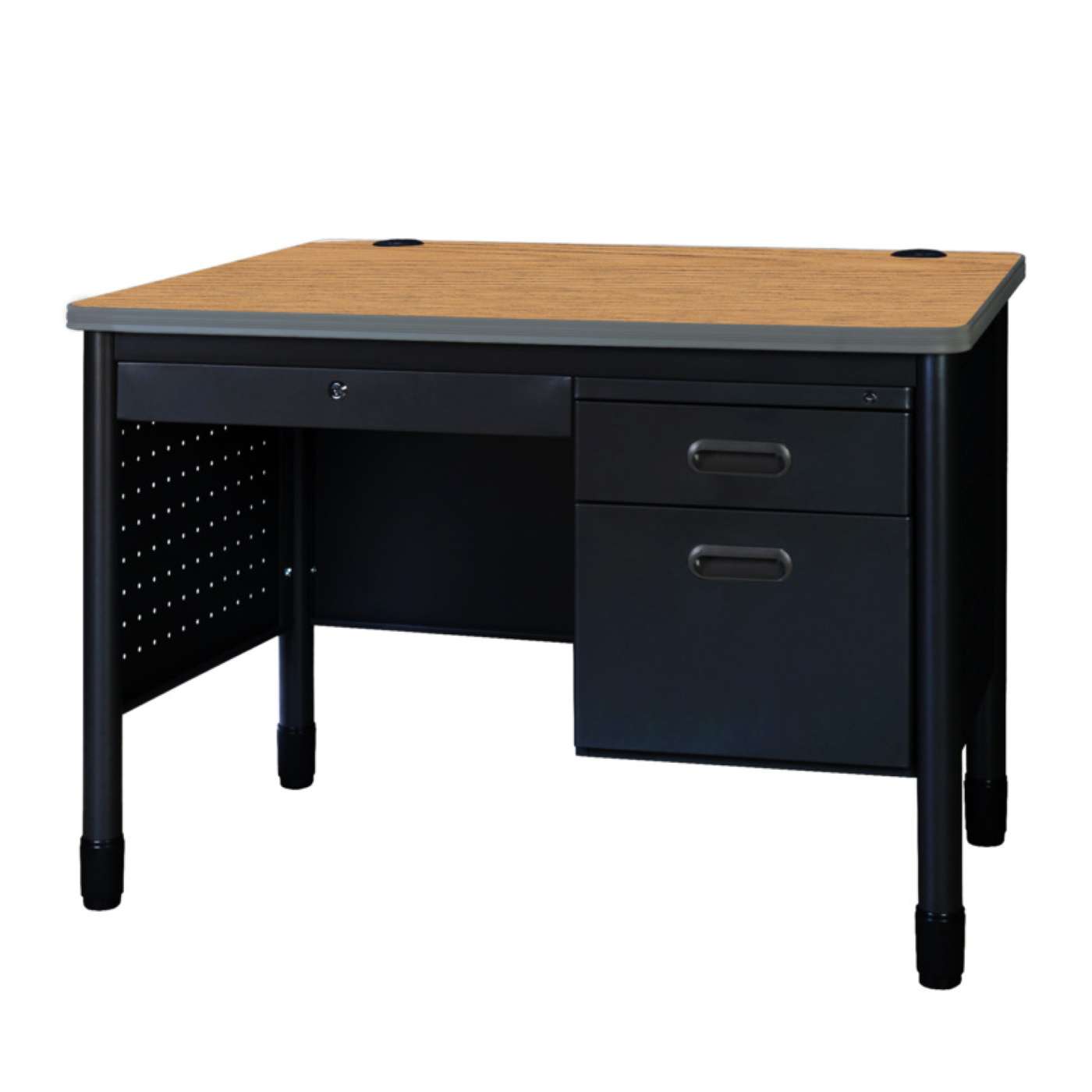Ergonomic Home Plateau Steel Single Pedestal Teacher's Office Desk with Center Drawer 48" x 30" - Medium Oak Top, Black Base<br><FONT COLOR=GREEN>-FREE SHIPPING-</FONT> Ergonomic Home Plateau Steel Single Pedestal Teacher's Office Desk with Center Drawer 48" x 30" - Medium Oak Top, Black Base<br><FONT COLOR=GREEN>-FREE SHIPPING-</FONT>