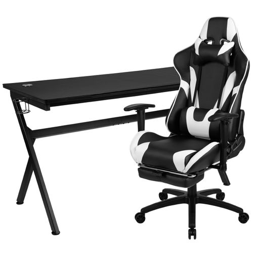 GAMING DESK AND BLACK FOOTREST RECLINING GAMING CHAIR SET - CUP HOLDER/HEADPHONE HOOK/REMOVABLE MOUSE PAD TOP/WIRE MANAGEMENT: <font color=green>FREE SHIPPING!</font>