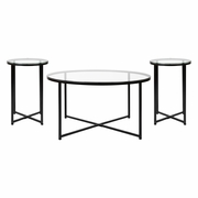 GREENWICH COLLECTION COFFEE AND END TABLE SET - CLEAR GLASS TOP WITH MATTE BLACK FRAME - 3 PIECE OCCASIONAL TABLE SET <font color=green>FREE SHIPPING!</font>