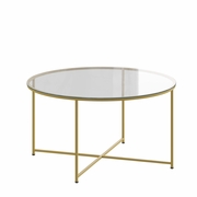 GREENWICH COLLECTION COFFEE TABLE - MODERN CLEAR GLASS ACCENT TABLE WITH CRISSCROSS BRUSHED GOLD FRAME: <font color=green>FREE SHIPPING!</font>