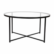 GREENWICH COLLECTION COFFEE TABLE - MODERN CLEAR GLASS ACCENT TABLE WITH CRISSCROSS MATTE BLACK FRAME: <font color=green>FREE SHIPPING!</font>