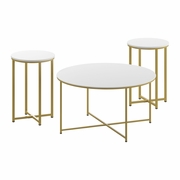 HAMPSTEAD COLLECTION COFFEE AND END TABLE SET - WHITE LAMINATE TOP WITH BRUSHED GOLD CRISSCROSS FRAME, 3 PIECE OCCASIONAL TABLE SET: <font color=green>FREE SHIPPING!</font>