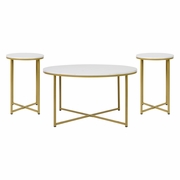 HAMPSTEAD COLLECTION COFFEE AND END TABLE SET - WHITE MARBLED LAMINATE TOP & BRUSHED GOLD CRISSCROSS FRAME, 3 PIECE TABLE SET: <font color=green>FREE SHIPPING!</font>