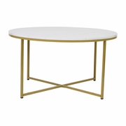 HAMPSTEAD COLLECTION COFFEE TABLE - MODERN WHITE MARBLE FINISH ACCENT TABLE WITH CRISSCROSS BRUSHED GOLD FRAME: <font color=green>FREE SHIPPING!</font>
