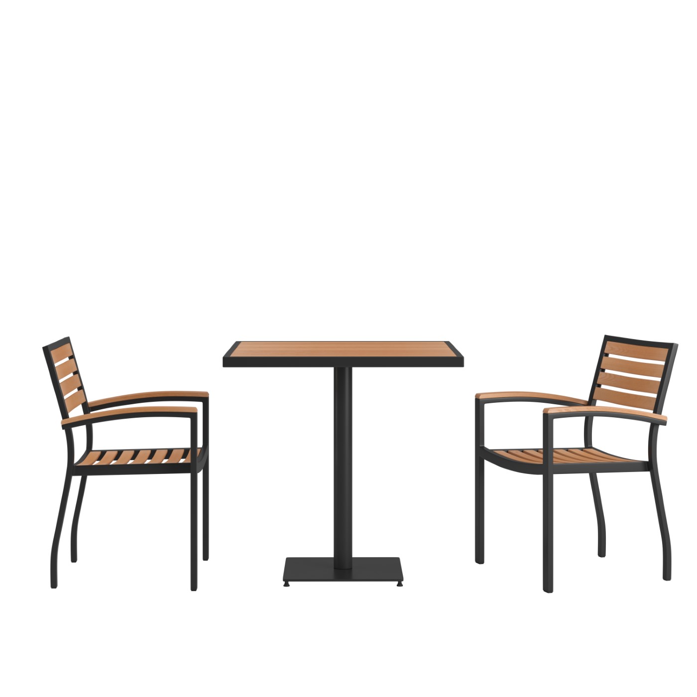 INDOOR/OUTDOOR 3 PIECE PATIO DINING TABLE SET WITH 30" SQUARE FAUX TEAK TABLE & 2 STACKING CLUB CHAIRS WITH TEAK ACCENTED ARMS <font color=green>FREE SHIPPING!</font> INDOOR/OUTDOOR 3 PIECE PATIO DINING TABLE SET WITH 30" SQUARE FAUX TEAK TABLE & 2 STACKING CLUB CHAIRS WITH TEAK ACCENTED ARMS <font color=green>FREE SHIPPING!</font>