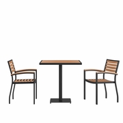 INDOOR/OUTDOOR 3 PIECE PATIO DINING TABLE SET WITH 30" SQUARE FAUX TEAK TABLE & 2 STACKING CLUB CHAIRS WITH TEAK ACCENTED ARMS <font color=green>FREE SHIPPING!</font>