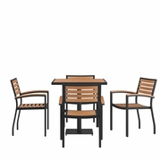 INDOOR/OUTDOOR 5 PIECE PATIO DINING TABLE SET WITH 30" SQUARE FAUX TEAK TABLE & 4 STACKING CLUB CHAIRS WITH TEAK ACCENTED ARMS <font color=green>FREE SHIPPING!</font>