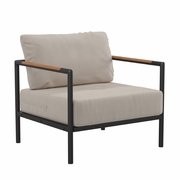 INDOOR/OUTDOOR PATIO CHAIR WITH CUSHIONS - MODERN ALUMINUM FRAMED CHAIR WITH TEAK ACCENTED ARMS, BLACK WITH BEIGE CUSHIONS <font color=green>FREE SHIPPING!</font>