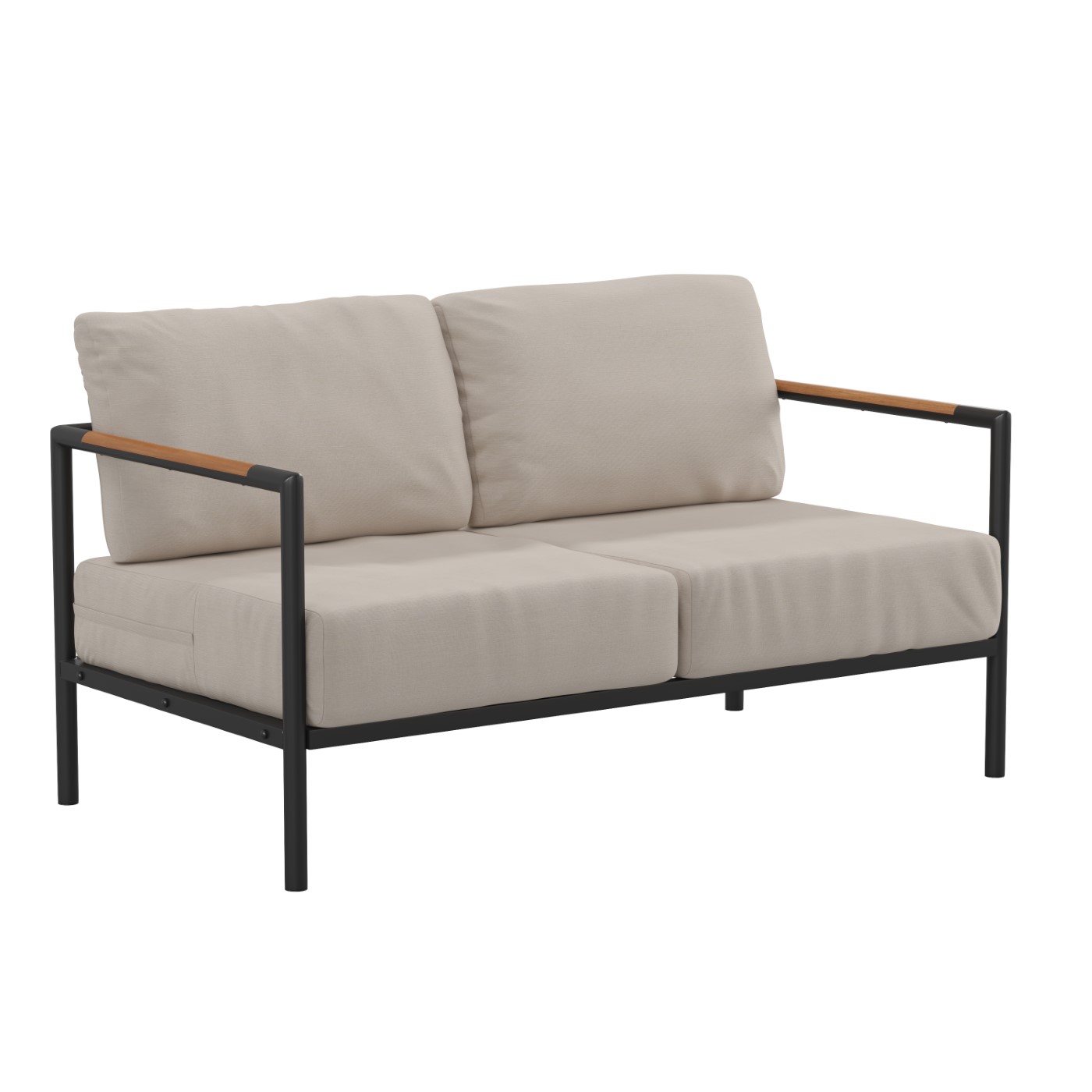 INDOOR/OUTDOOR PATIO LOVESEAT WITH CUSHIONS-MODERN ALUMINUM FRAMED LOVESEAT WITH TEAK ACCENT ARMS, BLACK WITH BEIGE CUSHIONS <font color=green>FREE SHIPPING!</font> INDOOR/OUTDOOR PATIO LOVESEAT WITH CUSHIONS-MODERN ALUMINUM FRAMED LOVESEAT WITH TEAK ACCENT ARMS, BLACK WITH BEIGE CUSHIONS <font color=green>FREE SHIPPING!</font>