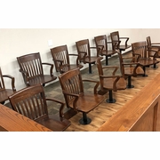 JURY CHAIRS BOLT TO FLOOR. HEIGHT ADJUSTABLE. SOLID OAK SEAT OR UPHOLSTERED.