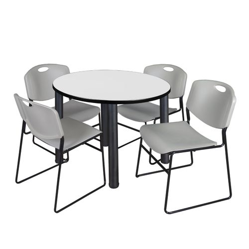 42" ROUND BREAKROOM TABLE- WHITE/ BLACK & 4 STACK CHAIRS- GREY <FONT COLOR=GREEN>-FREE SHIPPING-</FONT>