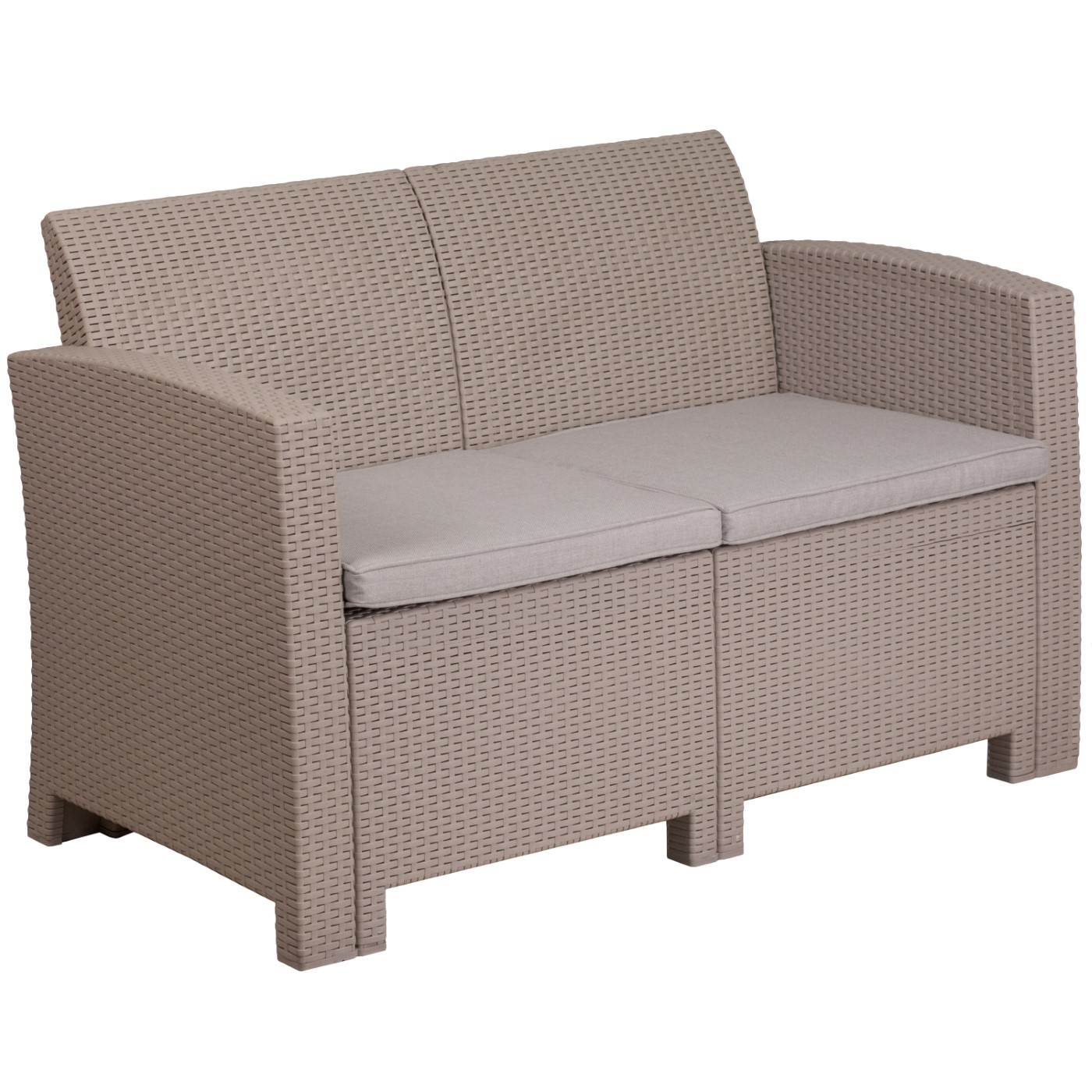 LIGHT GRAY FAUX RATTAN LOVESEAT WITH ALL-WEATHER LIGHT GRAY CUSHIONS: <font color=green>FREE SHIPPING!</font> LIGHT GRAY FAUX RATTAN LOVESEAT WITH ALL-WEATHER LIGHT GRAY CUSHIONS: <font color=green>FREE SHIPPING!</font>