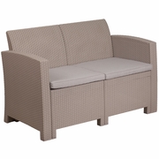 LIGHT GRAY FAUX RATTAN LOVESEAT WITH ALL-WEATHER LIGHT GRAY CUSHIONS: <font color=green>FREE SHIPPING!</font>