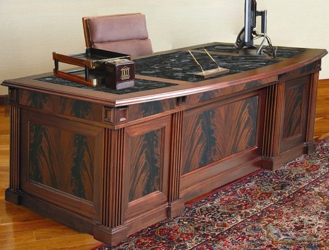 THE FLAME EXECUTIVE DESK. HAND MADE CUSTOM OFFICE FURNITURE IN BEAUTIFUL FLAME CROTCH MAHOGANY. FREE SHIPPING. ASSEMBLY INCLUDED. MADE IN USA. <font color=red><b>PLACE ORDER NOW FOR 2024 ONLY NINE LEFT TO BE MADE.*</b></font>