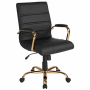 MID-BACK BLACK LEATHERSOFT EXECUTIVE SWIVEL OFFICE CHAIR WITH GOLD FRAME AND ARMS: <font color=green>FREE SHIPPING!</font>