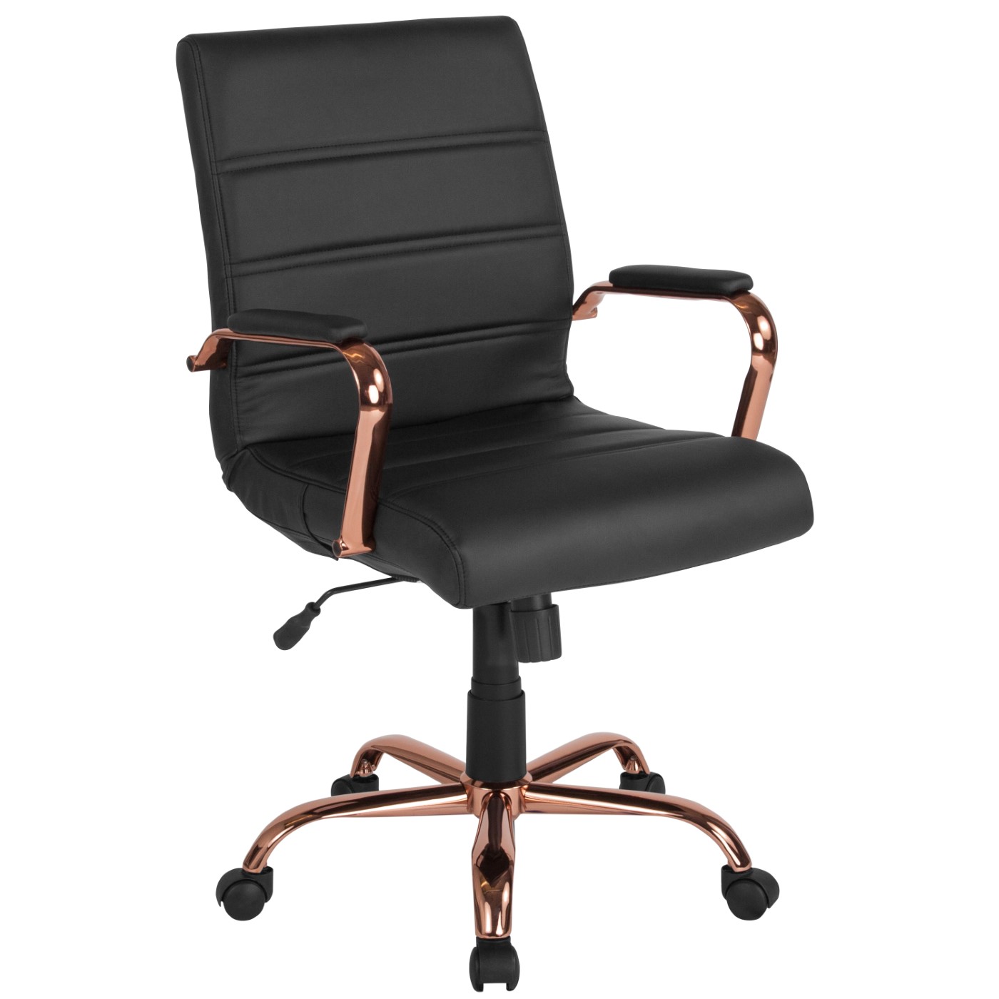 MID-BACK BLACK LEATHERSOFT EXECUTIVE SWIVEL OFFICE CHAIR WITH ROSE GOLD FRAME AND ARMS: <font color=green>FREE SHIPPING!</font> MID-BACK BLACK LEATHERSOFT EXECUTIVE SWIVEL OFFICE CHAIR WITH ROSE GOLD FRAME AND ARMS: <font color=green>FREE SHIPPING!</font>