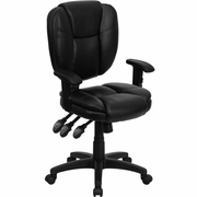 MID-BACK BLACK LEATHERSOFT MULTIFUNCTION SWIVEL ERGONOMIC TASK OFFICE CHAIR WITH PILLOW TOP CUSHIONING AND ARMS: <font color=green>FREE SHIPPING!</font>