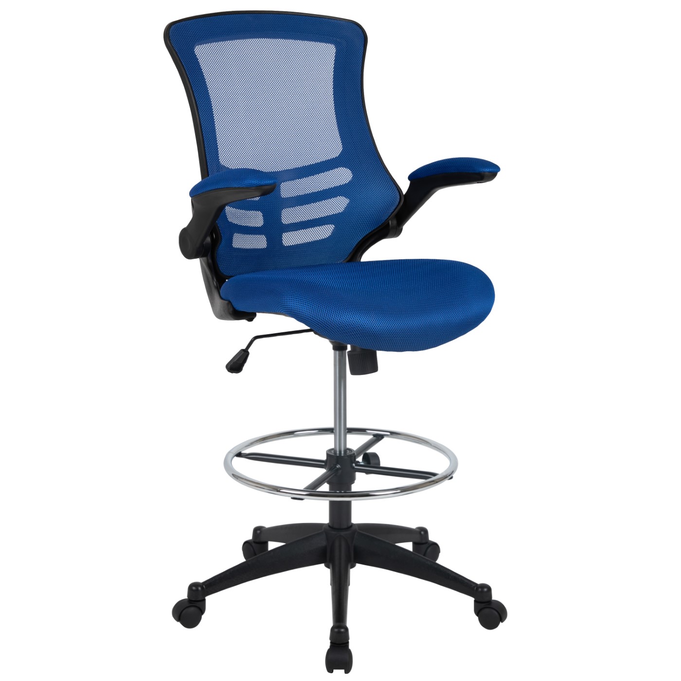 MID-BACK BLUE MESH ERGONOMIC DRAFTING CHAIR WITH ADJUSTABLE FOOT RING AND FLIP-UP ARMS: <font color=green>FREE SHIPPING!</font> MID-BACK BLUE MESH ERGONOMIC DRAFTING CHAIR WITH ADJUSTABLE FOOT RING AND FLIP-UP ARMS: <font color=green>FREE SHIPPING!</font>