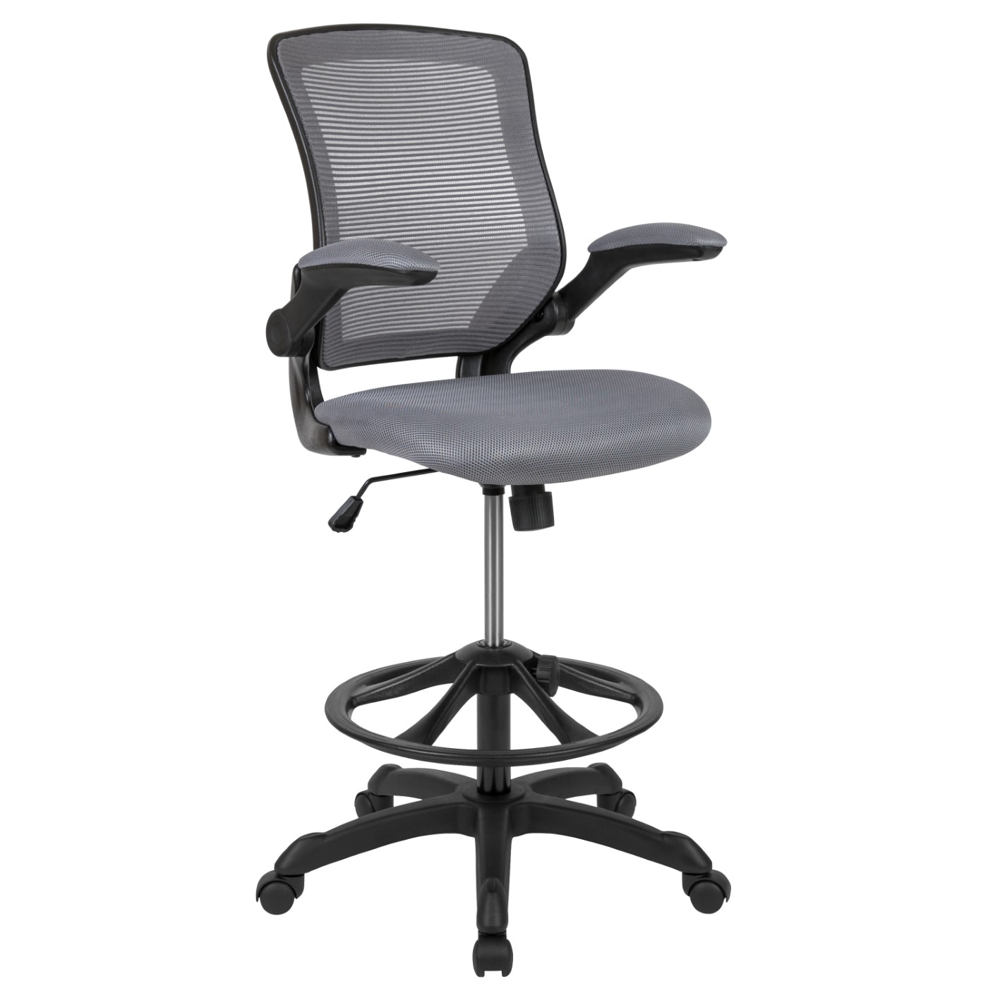 MID-BACK DARK GRAY MESH ERGONOMIC DRAFTING CHAIR WITH ADJUSTABLE FOOT RING AND FLIP-UP ARMS: <font color=green>FREE SHIPPING!</font> MID-BACK DARK GRAY MESH ERGONOMIC DRAFTING CHAIR WITH ADJUSTABLE FOOT RING AND FLIP-UP ARMS: <font color=green>FREE SHIPPING!</font>