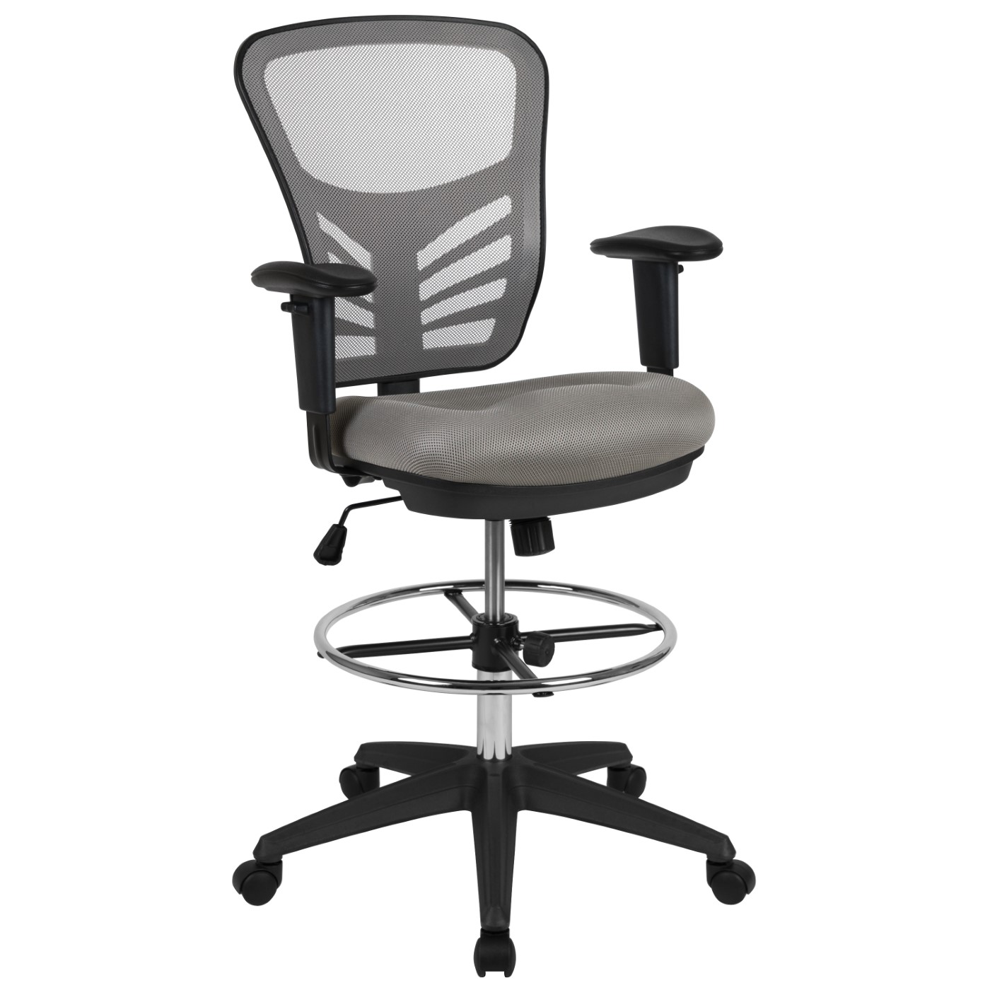 MID-BACK LIGHT GRAY MESH ERGONOMIC DRAFTING CHAIR WITH ADJUSTABLE CHROME FOOT RING, ADJUSTABLE ARMS AND BLACK FRAME: <font color=green>FREE SHIPPING!</font> MID-BACK LIGHT GRAY MESH ERGONOMIC DRAFTING CHAIR WITH ADJUSTABLE CHROME FOOT RING, ADJUSTABLE ARMS AND BLACK FRAME: <font color=green>FREE SHIPPING!</font>