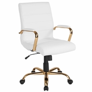 MID-BACK WHITE LEATHERSOFT EXECUTIVE SWIVEL OFFICE CHAIR WITH GOLD FRAME AND ARMS: <font color=green>FREE SHIPPING!</font>