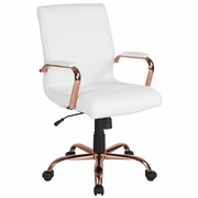 MID-BACK WHITE LEATHERSOFT EXECUTIVE SWIVEL OFFICE CHAIR WITH ROSE GOLD FRAME AND ARMS: <font color=green>FREE SHIPPING!</font>