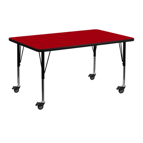 MOBILE 24''W X 48''L RECTANGULAR RED THERMAL LAMINATE ACTIVITY TABLE - HEIGHT ADJUSTABLE SHORT LEGS <font color=green>FREE SHIPPING!</font>