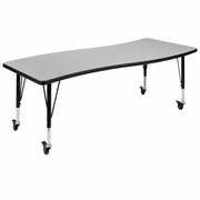 MOBILE 26"W X 60"L RECTANGULAR WAVE FLEXIBLE COLLABORATIVE GREY LAMINATE ACTIVITY TABLE - HEIGHT ADJUSTABLE SHORT LEGS <font color=green>FREE SHIPPING!</font>
