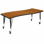 MOBILE 26"W X 60"L RECTANGULAR WAVE FLEXIBLE COLLABORATIVE OAK LAMINATE ACTIVITY TABLE - HEIGHT ADJUSTABLE SHORT LEGS <font color=green>FREE SHIPPING!</font>