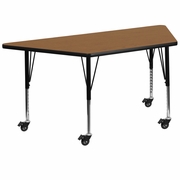 MOBILE 29''W X 57''L TRAPEZOID OAK THERMAL LAMINATE ACTIVITY TABLE - HEIGHT ADJUSTABLE SHORT LEGS <font color=green>FREE SHIPPING!</font>