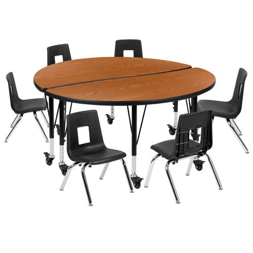 MOBILE 47.5" CIRCLE WAVE FLEXIBLE LAMINATE ACTIVITY TABLE SET WITH 12" STUDENT STACK CHAIRS, OAK/BLACK <font color=green>FREE SHIPPING!</font>