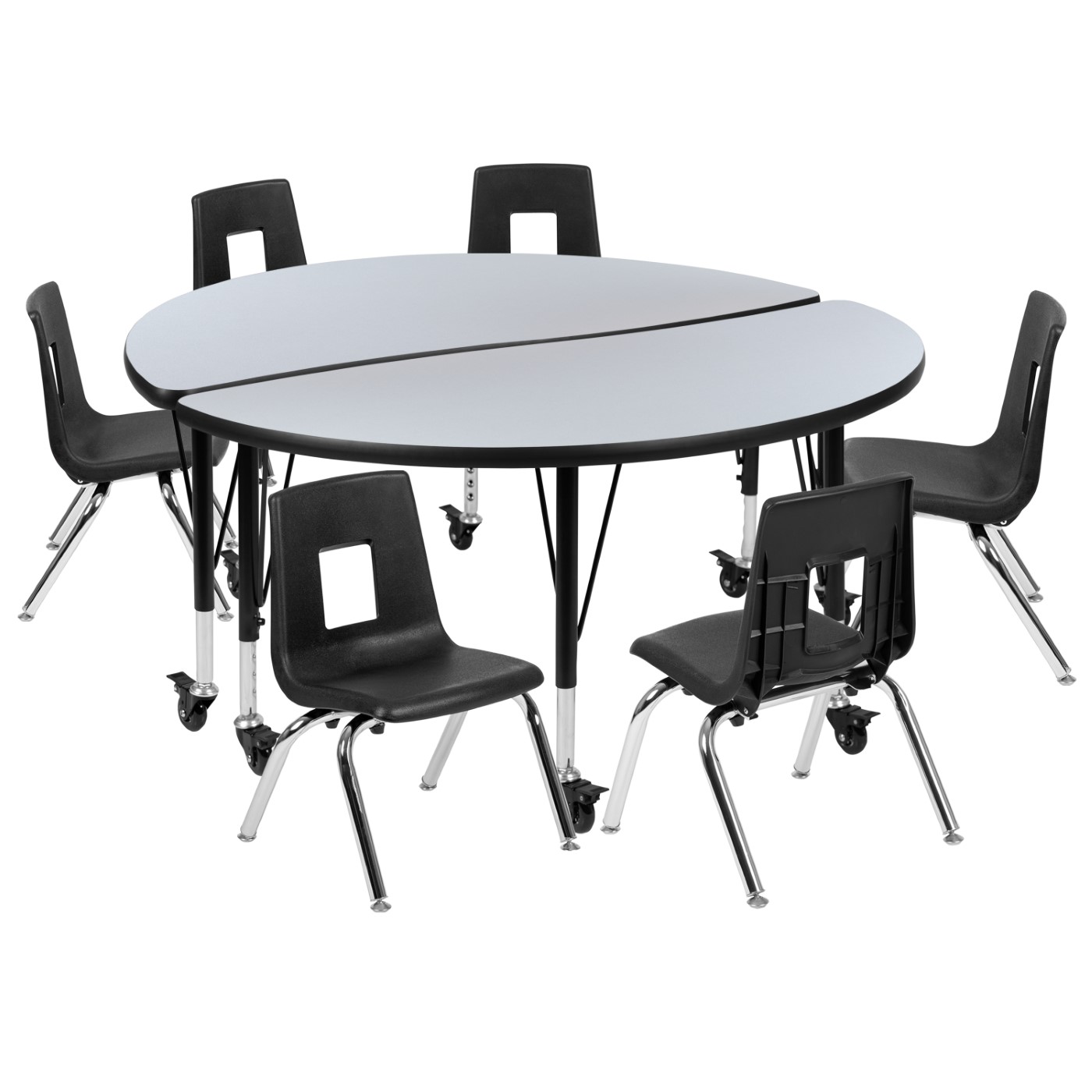 MOBILE 47.5" CIRCLE WAVE FLEXIBLE LAMINATE ACTIVITY TABLE SET WITH 14" STUDENT STACK CHAIRS, GREY/BLACK <font color=green>FREE SHIPPING!</font> MOBILE 47.5" CIRCLE WAVE FLEXIBLE LAMINATE ACTIVITY TABLE SET WITH 14" STUDENT STACK CHAIRS, GREY/BLACK <font color=green>FREE SHIPPING!</font>