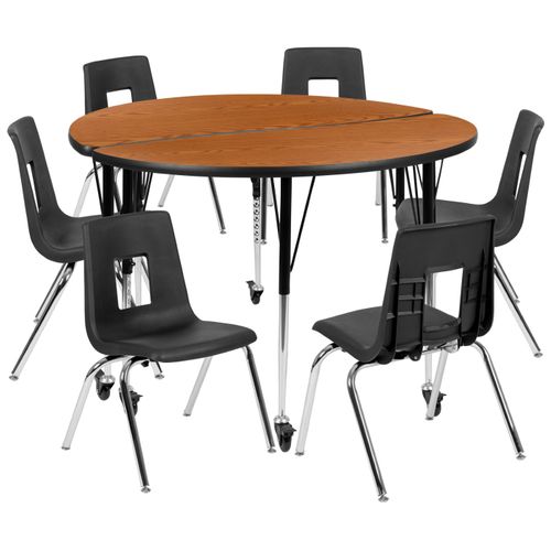 MOBILE 47.5" CIRCLE WAVE FLEXIBLE LAMINATE ACTIVITY TABLE SET WITH 18" STUDENT STACK CHAIRS, OAK/BLACK <font color=green>FREE SHIPPING!</font>