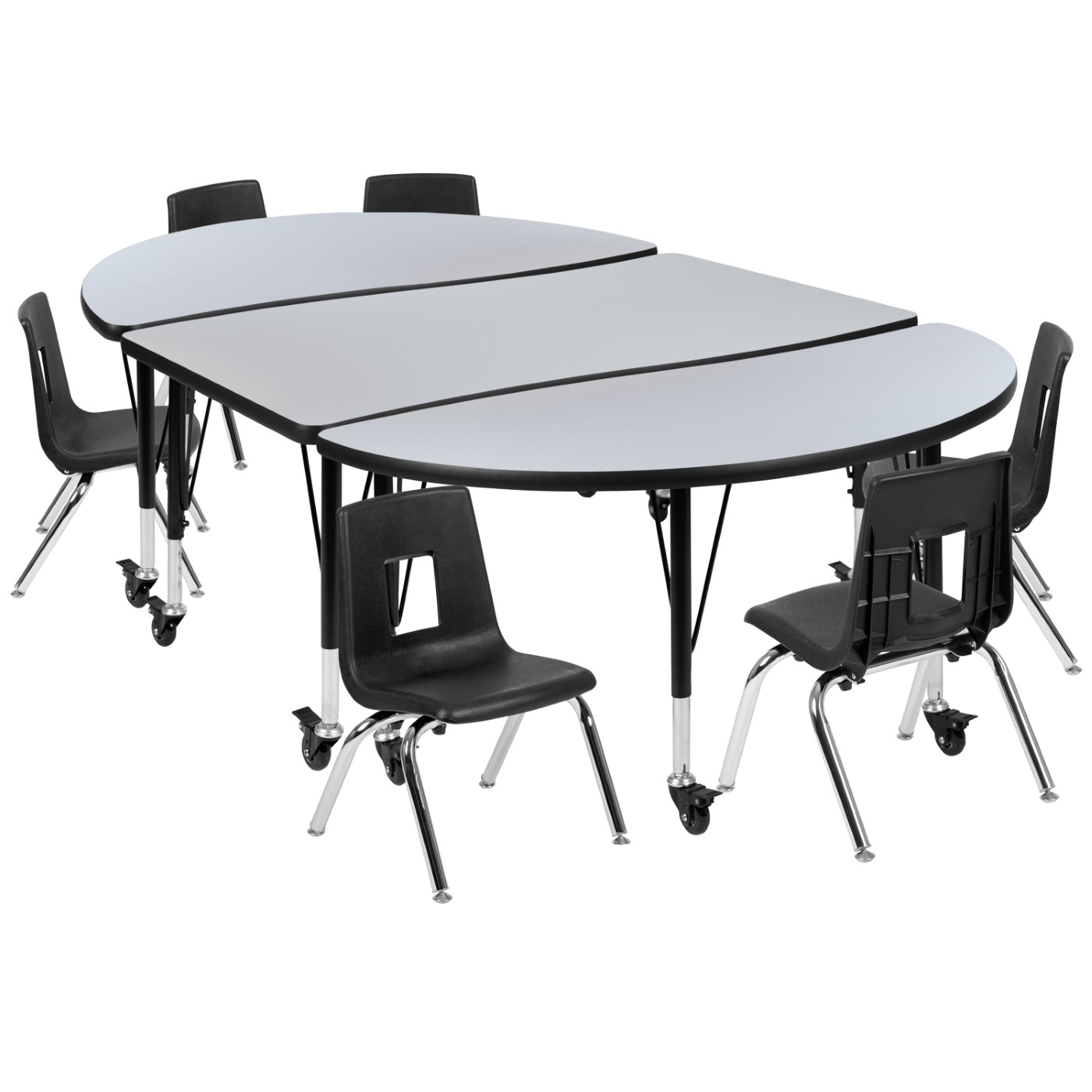 MOBILE 76" OVAL WAVE FLEXIBLE LAMINATE ACTIVITY TABLE SET WITH 14" STUDENT STACK CHAIRS, GREY/BLACK <font color=green>FREE SHIPPING!</font> MOBILE 76" OVAL WAVE FLEXIBLE LAMINATE ACTIVITY TABLE SET WITH 14" STUDENT STACK CHAIRS, GREY/BLACK <font color=green>FREE SHIPPING!</font>