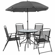 NANTUCKET 6 PIECE BLACK PATIO GARDEN SET WITH UMBRELLA TABLE AND SET OF 4 FOLDING CHAIRS: <font color=green>FREE SHIPPING!</font>