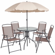NANTUCKET 6 PIECE BROWN PATIO GARDEN SET WITH UMBRELLA TABLE AND SET OF 4 FOLDING CHAIRS: <font color=green>FREE SHIPPING!</font>