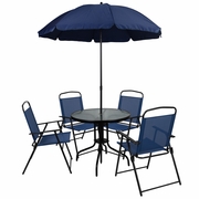 NANTUCKET 6 PIECE NAVY PATIO GARDEN SET WITH UMBRELLA TABLE AND SET OF 4 FOLDING CHAIRS: <font color=green>FREE SHIPPING!</font>