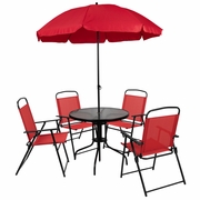 NANTUCKET 6 PIECE RED PATIO GARDEN SET WITH UMBRELLA TABLE AND SET OF 4 FOLDING CHAIRS: <font color=green>FREE SHIPPING!</font>