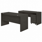 OFFICE BY KATHY IRELAND ECHO BOW FRONT DESK AND CREDENZA WITH MOBILE FILE CABINET: CHARCOAL MAPLE <FONT COLOR=GREEN>-FREE SHIPPING-</FONT>