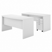 OFFICE BY KATHY IRELAND ECHO BOW FRONT DESK AND CREDENZA WITH MOBILE FILE CABINET: PURE WHITE <FONT COLOR=GREEN>-FREE SHIPPING-</FONT>