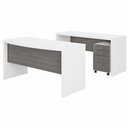OFFICE BY KATHY IRELAND ECHO BOW FRONT DESK AND CREDENZA WITH MOBILE FILE CABINET: PURE WHITE/MODERN GRAY <FONT COLOR=GREEN>-FREE SHIPPING-</FONT>